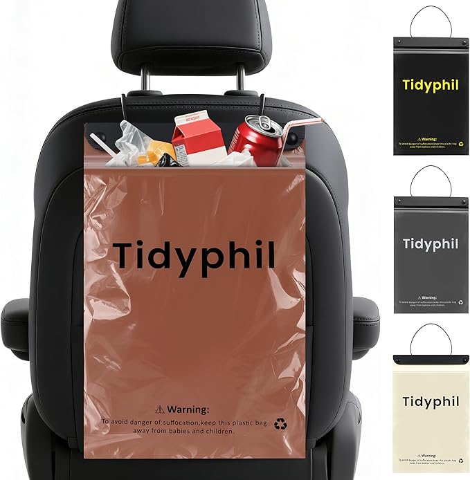 50 PCS Disposable Car Trash Bags Hanging, Leak-proof, Odor Seal. 2 Gallon Car Garbage Bags, Big Capacity. Independent of Car Trash Can, Easy Stick-On Car trash Bin for Car, SUV, Truck, Stroller. Brown