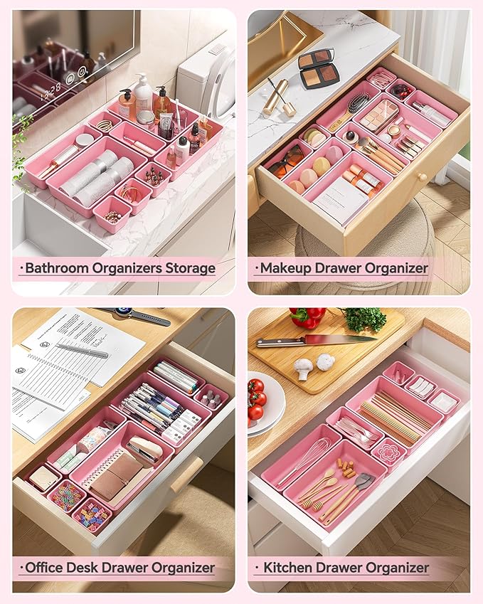 KEMETHY 25 PCS Plastic Drawer Organizers Set, 4 Sizes Vanity Organizer, Makeup and Desk Drawer Organizer Trays, Organization and Storage for Makeup, Bathroom, Kitchen Utensils and Office (Pink)