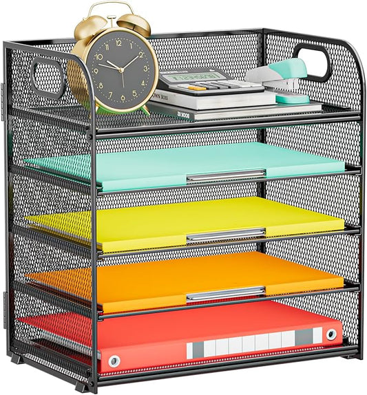 Paper Organizer Letter Tray with Handle, 5-Tier Black Stackable Desk Organizer with Metal Mesh, Sturdy Paper Tray for Office Desk, Home & Classroom Supplies Storage