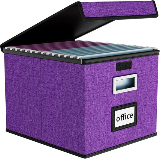 File Organizer Box with Lid, Collapsible File Folder Organizer for Office Document Storage, Filing Box with Plastic Slide for Letter Size Hanging File Folders(1 Pack, Purple)