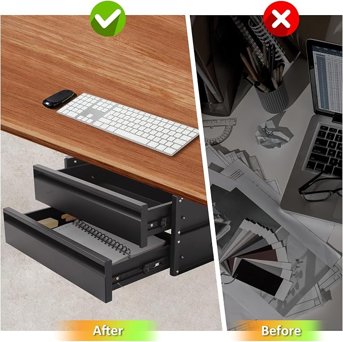 15 in 2-tier Under Desk Drawer,Adjustable Height, Under Desk Drawer Slide Out with Slide Extension Mounted Under Flat Wooden Table or Workbench, Carbon Steel Hidden Desk Drawer for Office & Home
