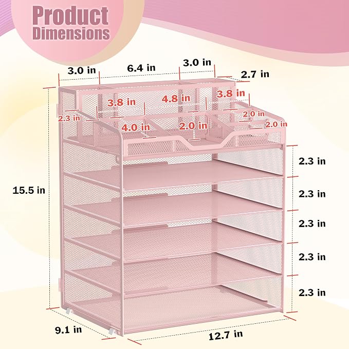 Docnest 6 Tier Mesh Desk Organizer for Paper Office Supplies – Multi-Functional Letter Tray with 5 Adjustable Compartments, 9 Pen Holders, Desktop Storage for Files, Mail, Stationery – Pink