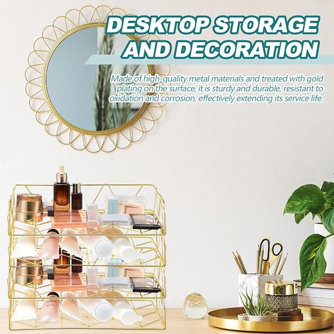 Yeaqee 4 Tier Stackable Gold Desk Organizer Paper Tray Rack Metal Letter Desk File Organizer Horizontal Holder File Trays for Office Desktop Supplies and Accessories