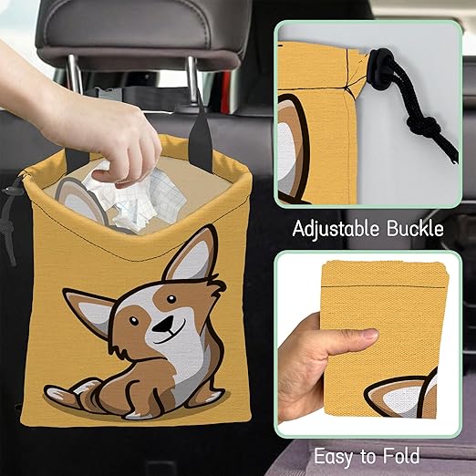 Cute Dog Car Trash Bag,Hanging Drawstring Car Garbage Bag,Waterproof Canvas Car Back Seat Organizer with Adjustable Buckle,for Vehicles,SUVs,Camping,Road Trips