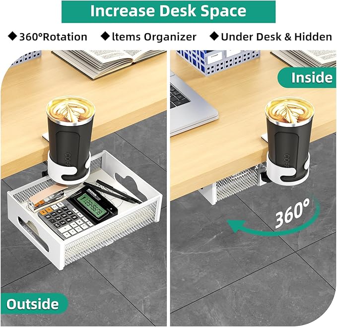 Desk Cup Holder with Drawer Organizer, Anti-Spill Clip-On Table Cup Hook with 360° Rotation Hidden Storage Box for Office Home Gaming Table (White)