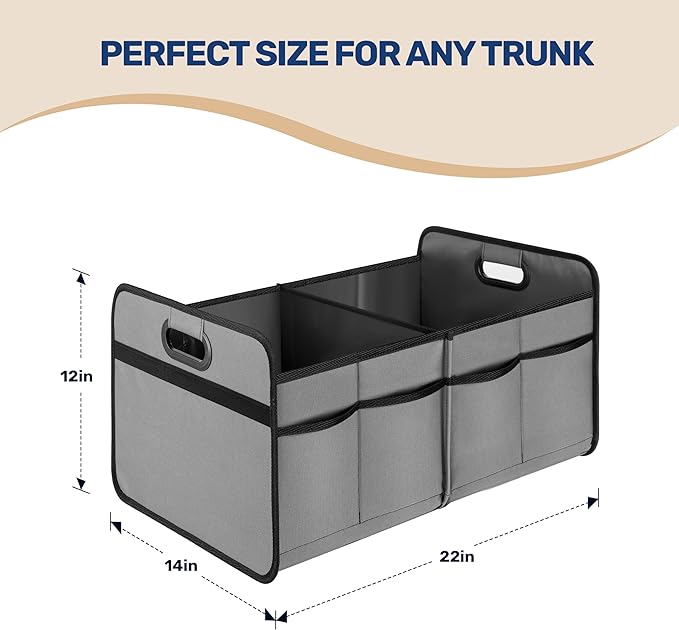 YSSOA Trunk Organizer for Car/SUV/Truck, Collapsible 2 Compartment Automotive Storage Box, 600D Waterproof Oxford Polyester 50L Travel Accessories, Anti-slip & Leak-proof, Grey (Pack of 2)
