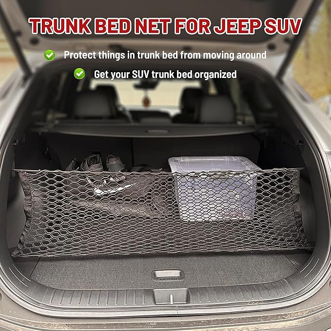 RED WOLF Envelope Style Cargo Net for 2011-2022 Jeep Grand Cherokee Wrangler Commander TJ TL Compass Trunk Bed Grocery Net Elastic Mesh Organizer Storage Net SUV Rear Tailgate Netting 43.3" x 15.7"