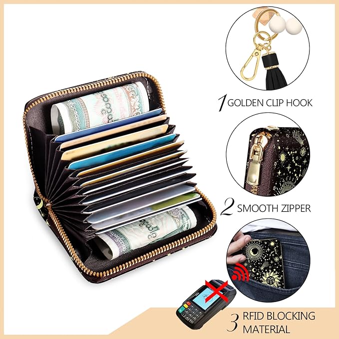 Credit Card Holder RFID Wallet, Small Card Holder Wallet for Women with Keychain Zipper, Funny Leather Print Credit Card Wallets Accordion Gift