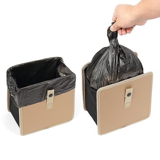 KMMOTORS Jopps Car Trash Can – Compact Foldable Bin with Strap, PU Leather & Oxford, Waterproof, Space-Saving, Simple Modern Design, Mounts on Headrest, Console, Gear Shift (Medium, Beige)