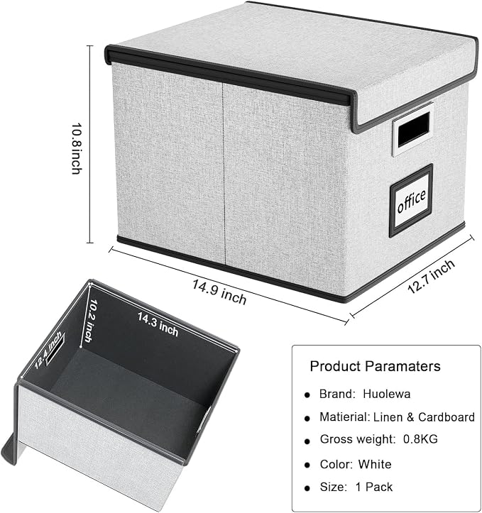 File Organizer Box with Lid, Collapsible File Folder Organizer for Office Document Storage, Filing Box with Plastic Slide for Letter Size Hanging File Folders(1 Pack, White)