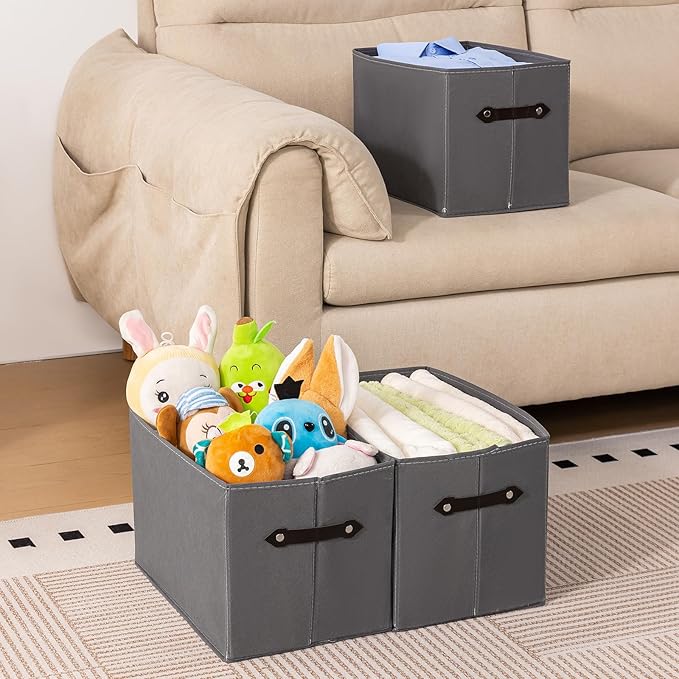 3 Pack Large Collapsible Storage Baskets for Shelves,14.9"x9.5" Fabric Closet storage Boxes with Leather Handles,Decorative Organizers Storage Bins for Clothes,Sheets,Toys,Books,(Gray)
