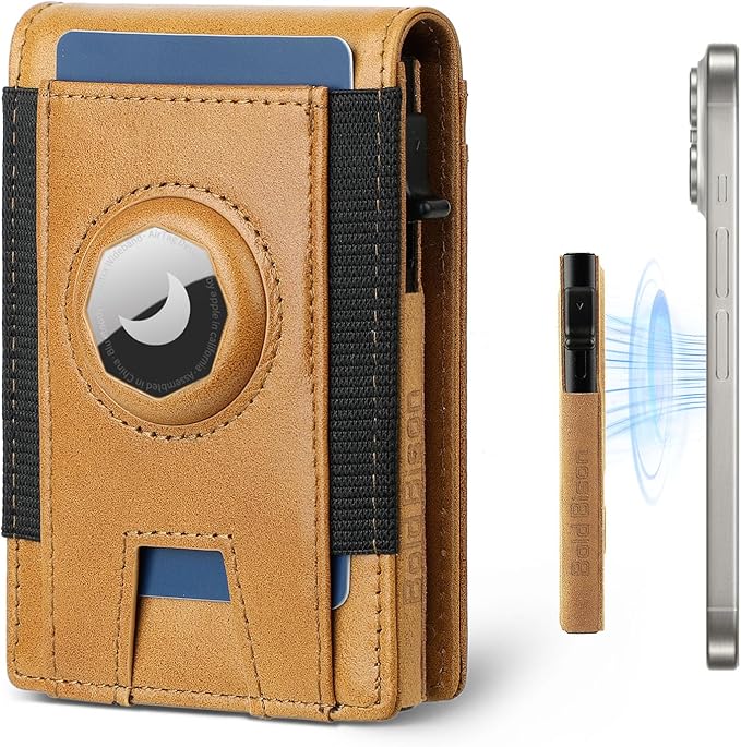 Magnetic Wallet with Card Holder for Iphone12~16, Slim & Minimalist Air tag Wallet with RFID Blocking Card Holder, Genuine Leather, Stretch Front Pocket (Vivid Yellow)