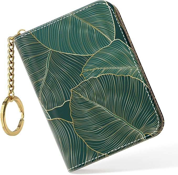 Nipichsha Credit Card Holder, Small RFID Card Wallet for Women, Slim Leather Card Holder Wallet, Credit Card Wallet Organizer, Pocket Business Card Case with Zipper & Keychain, Tropical Leaf