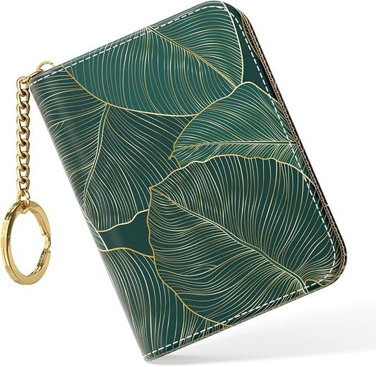 Nipichsha Credit Card Holder, Small RFID Card Wallet for Women, Slim Leather Card Holder Wallet, Credit Card Wallet Organizer, Pocket Business Card Case with Zipper & Keychain, Tropical Leaf