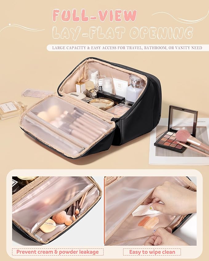 Marscamd Travel Makeup Bag for Women, Toiletry Organizer with Waterproof Pockets, Puffy Cosmetics Pouch for Makeup Brushes, Skincare & Travel Essentials, Black (Bag only)