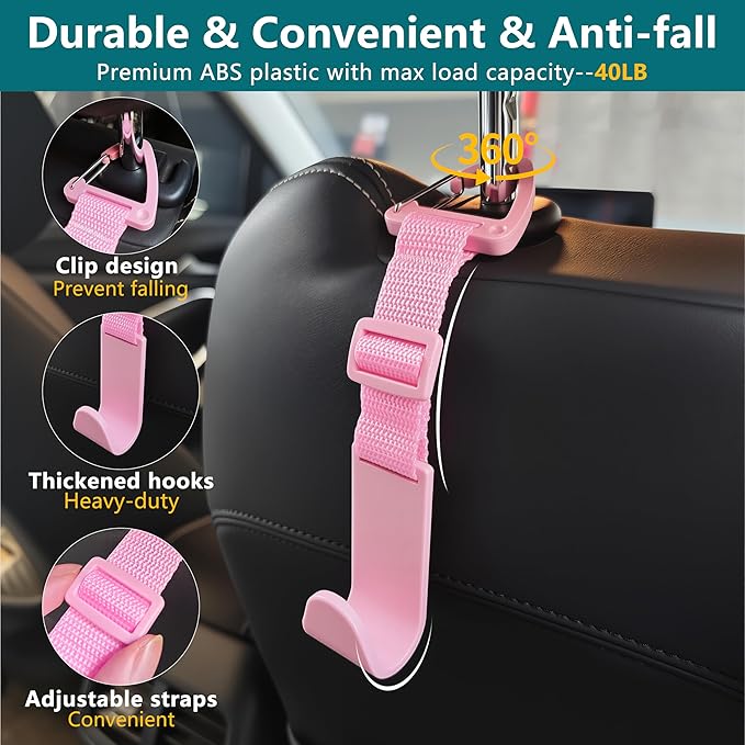 Amooca Headrest Hooks for Car Adjustable 4 Pack Vehicle Seat Back Organizer Storage Hanger Holder for Purse Bags Universal Fit with Clip Pink