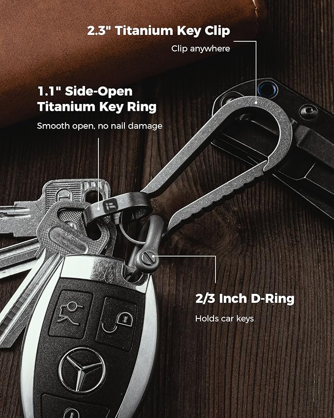 FEGVE Titanium Key Chain Clip with Side-Pushing Key Ring & 2/3inch D Ring for Car Fob Keys