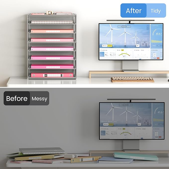 Lavatino 2 Pack 8-Tier Office Desk File Organizer, Letter Tray Paper Organizer with Handle, Including 5 Adjustable Slide Trays for Organizing Desk Workspace Accessories and Supplies (Silver Mesh)