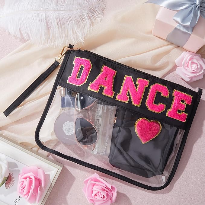 Hillban 2 Pcs Dance Recital Gifts for Teacher Christmas Clear Makeup Bag Chenille Letter Patch Cosmetic Bag Dance Competition Gift Toiletry Pouches with Zipper Waterproof Travel Purse Dancer Stuff