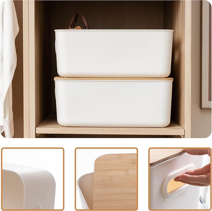 Citylife 4 PCS Storage Bins with Bamboo Lids Plastic Storage Containers for Organizing Stackable Storage Box with Handle, 15 x 10.6 x 5.8 inch