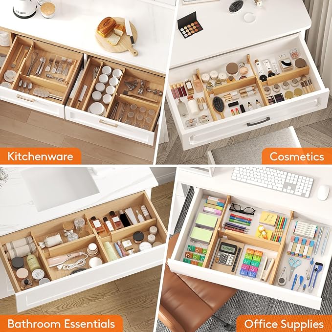 Lifewit 4" High 5 Pack Bamboo Drawer Dividers 31-40cm/12-16 Adjustable Wooden Drawer Organizer for Clothes/Utensils, Expandable Drawer Separator for Dresser/Kitchen/Bedroom/Office Organization