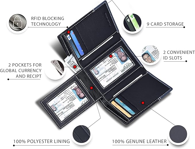 Real Leather Mens Trifold Wallet RFID Blocking Slim Minimalist Front Pocket - Thin & Stylish with ID Window in Gift Box