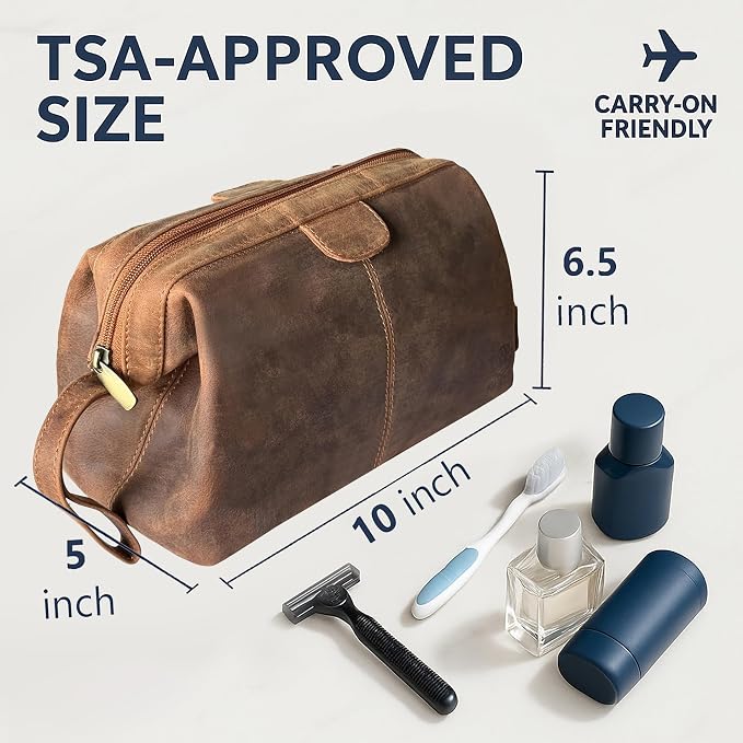 RUSTIC TOWN Full Grain Leather Toiletry Bag for Men – Wide Opening Dopp Kit with Metal Frame, Water-Resistant Travel Organizer for Shaving, Grooming & Accessories