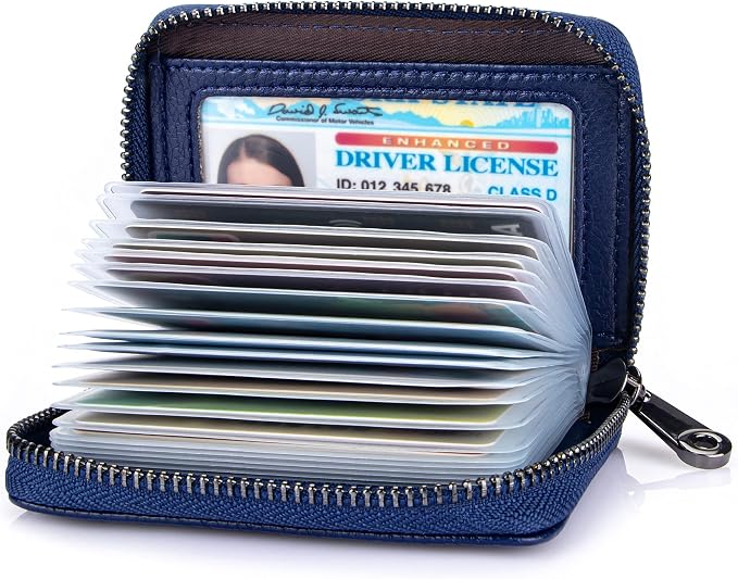 Suweibuke Genuine Leather Credit Card Holder Zipper Wallet RFID Blocking Secure Card Case ID Case Organizer (Dark Blue)