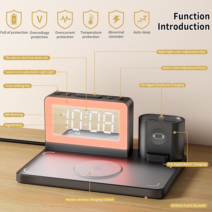 Wireless Fast Charging Station - 7 in 1 Alarm Clock with Wireless Charger Stand - Charging Dock for Apple,for Samsung Galaxy Multiple Devices - for iPhone Watch,for Airpods (Black)