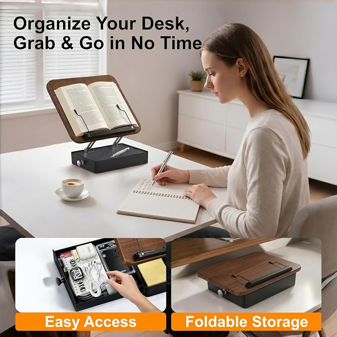 Book Stand with Storage Drawer, Adjustable Wooden Reading Stand for Desk, Ergonomic Height & Angle Book Holder for Textbooks, Cookbooks, Art Sketching (Walnut Finish, 10.5" x 15.5" XL Panel)