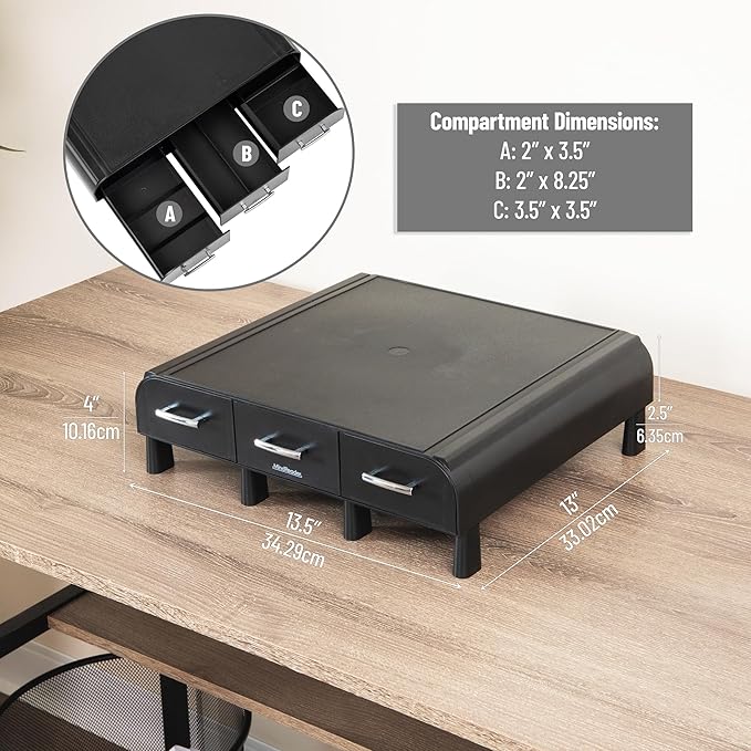 Mind Reader Monitor Stand, Laptop Riser, Desktop Organizer, Storage Drawer, Office, Plastic, 13.5"L x 13"W x 4"H, Black