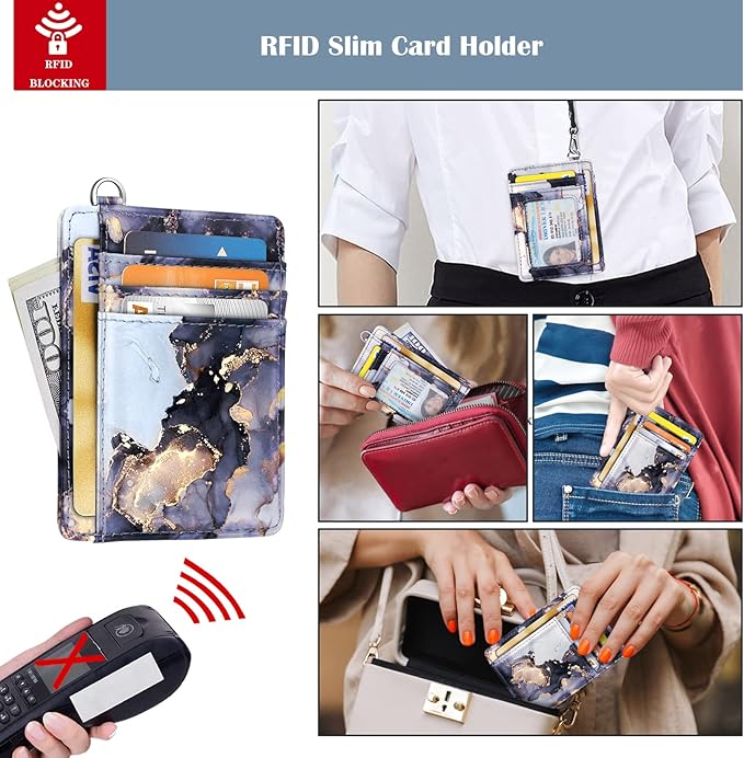 Coco Rossi Slim Front Pocket Wallet RFID ID Card Holder Cute Small Wallet with Wrist Lanyards Key Chain Holder for Women,Grey Marble