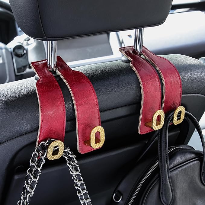 Car Headrest Hooks Universal Car Purse Twin Hook Premium Red Leather and Golden Alloy Seat Back Storage Hanger for Purse Bags Cloth Drink Durable Holder Automotive Accessories
