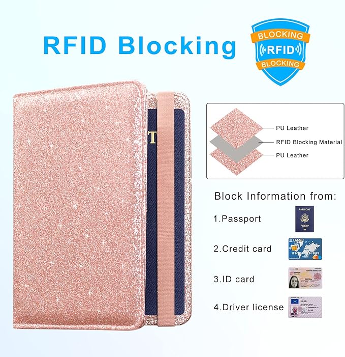 ACdream Passport Holder Cover, Leather Travel Wallet Case, RFID Blocking Document Organizer Protecrtor, with Slots for Credit Cards, Boarding Pass, for Women and Men, Glitter Rose Gold