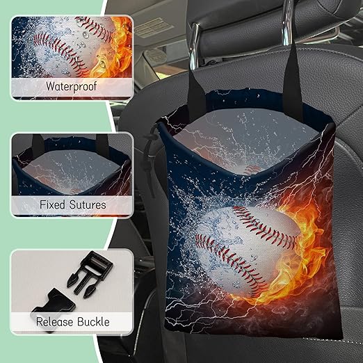 Baseball Ball Car Garbage Bag,Fire Ball Waterproof Small Car Trash Bag Hanging Back of Seat,Drawstring Hanging Car Trash Bag with Adjustable Buckle for Car Accessories