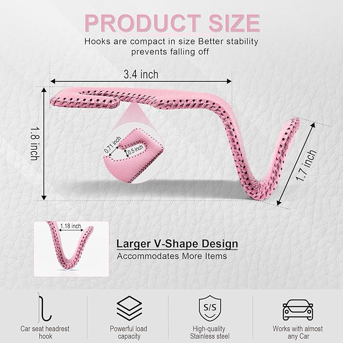 LivTee Headrest Hook for Car, Back Seat Organizer Pink Leather Hanger Holder Hook, Interior Car Accessories for Hanging Purses Bags Coats, 2 Pack