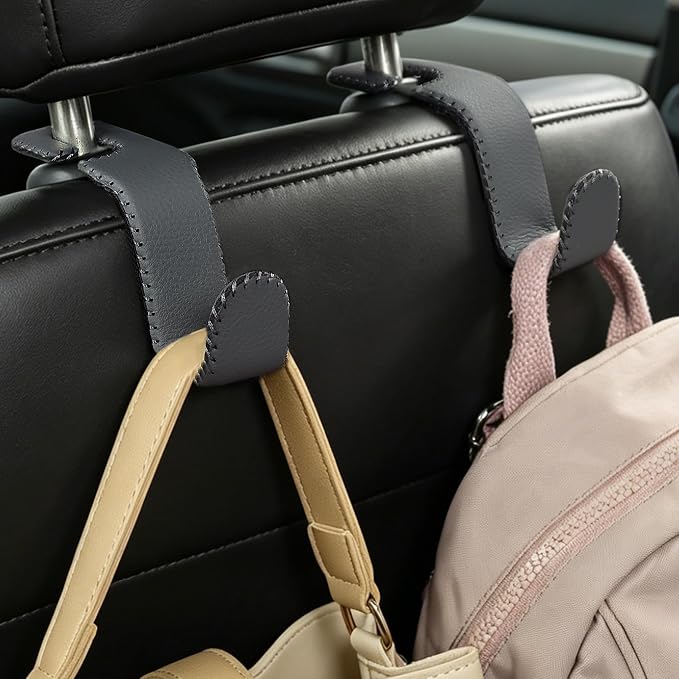 Amooca Car Seat Headrest Hook, Universal Vehicle Storage Hanger, Leather with Metal Car Seat Back Organizer for Handbag, Purse, Coat, Ergonomic Design, Gray 2 Pack