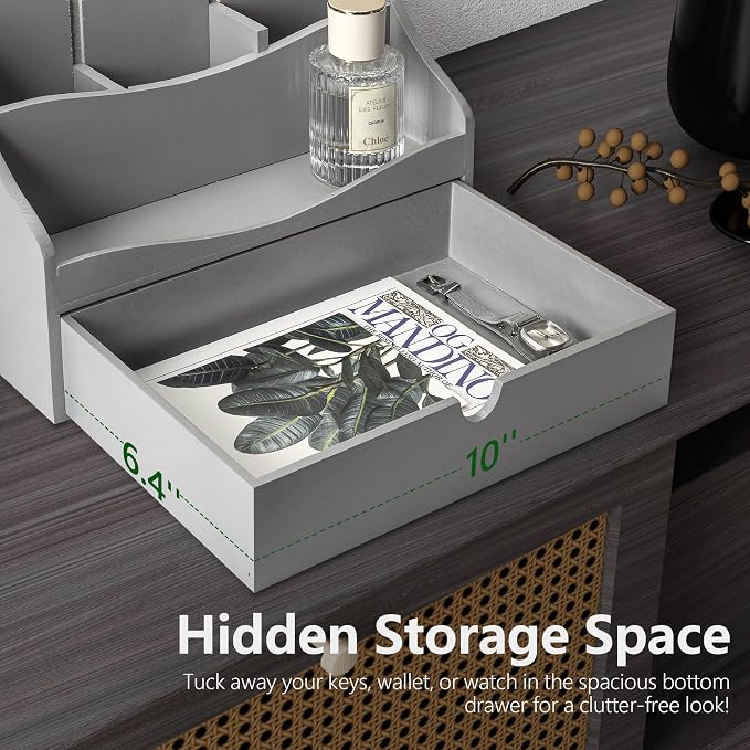 Pine Wood Mail Organizer for Desk - Rustic Farmhouse Mail Sorter Countertop Organizer for Letter Paper, Files & Everyday Essentials - Wooden Folder Organizer with Drawer for Home & Office Decor (Gray)