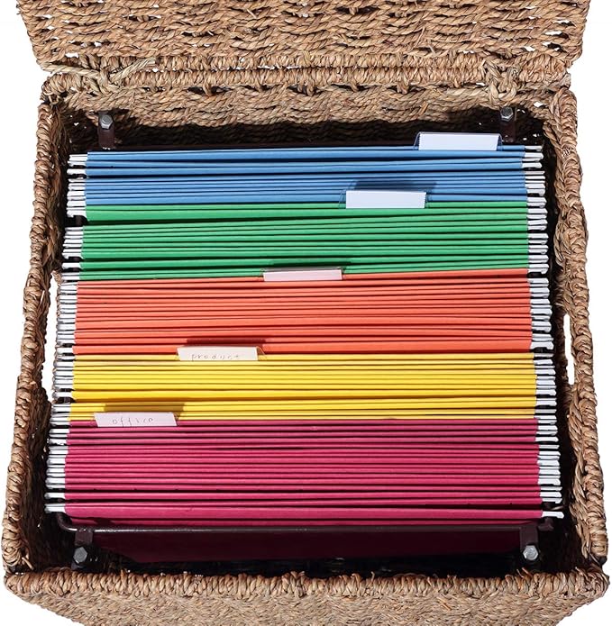 URFORESTIC Seagrass File Filing Cabinet File Box Organizer | Collapsible Letter Size Hanging File Box Organizers with Lid | Decorative Seagrass Filing & Storage Office Box | Letter Size (Natural)