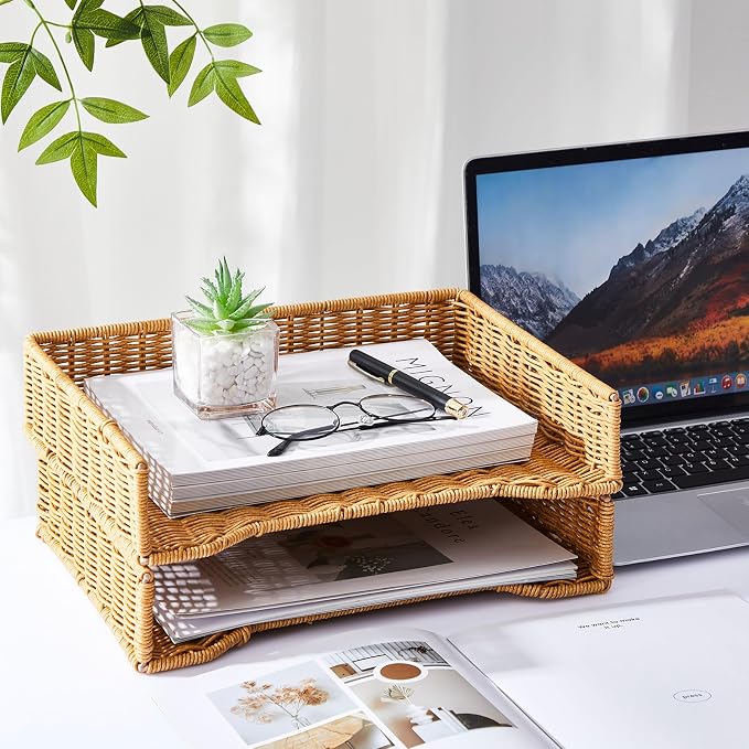 Yeaqee 2 Pcs Paper Tray Organizer for Desk Woven Letter File Organizer A4 File Tray Desk Paper Basket Letter Size Imitation Rattan Holder Organization Rack for Office Storage(Brown,Wheat Ear Pattern)