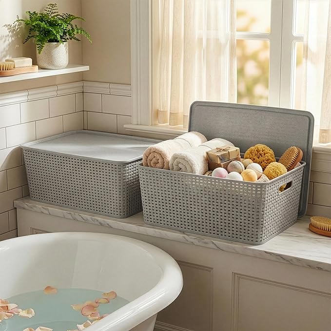 BINO | Plastic Storage Baskets with Lids, 33 Liter - 3 Pack, Natural Grey | THE WOVEN COLLECTION | Storage Basket for Shelves | Woven Storage Baskets for Organizing Bins | Pantry Shelf Organizer Bin