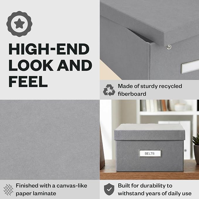 Bigso Karin Collapsible Storage Box - Photo Storage Box with Labelframe for Easy Identification - Simple Assembly Without Tools - Decorative Storage Boxes with Lids - 8.9in x 12.4in x 5.4in - Gray