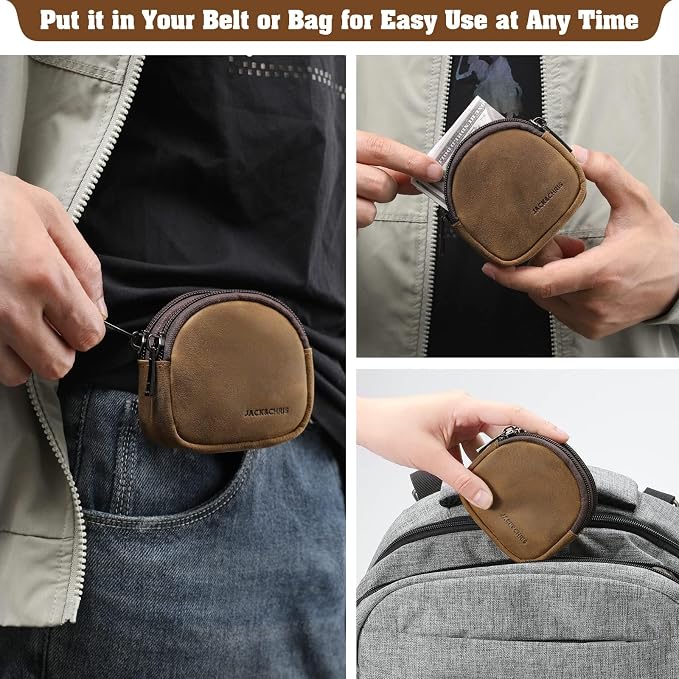 Jack&Chris Coin Purse for Men, Genuine Leather Mini Coin Wallet Zipper Pocket with Back Belt Loop, Coin Bag for Men and Women