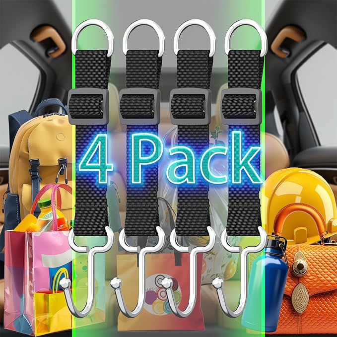 Car Headrest Hooks for Purse and Bags, Purse Holder for Car, Adjustable Back Seat Hanger, Metal Heavy Duty 100 lbs (D4)