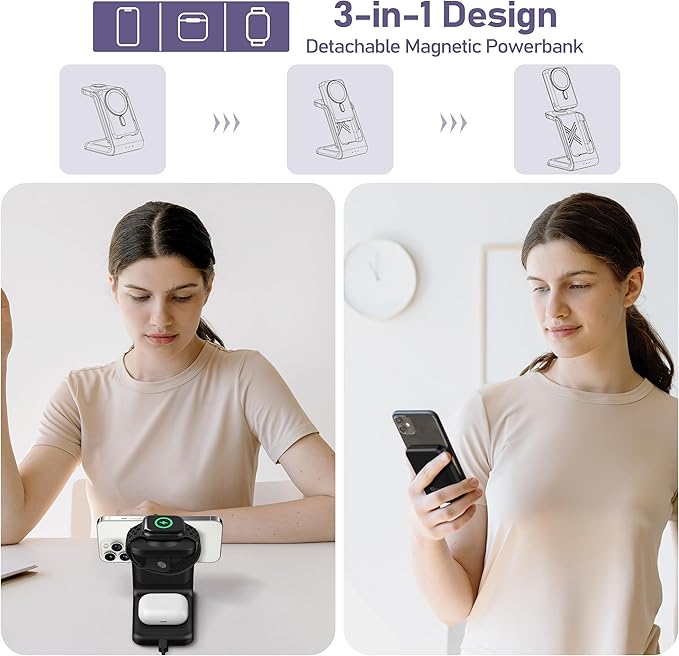 Smtcsl 3 in 1 Wireless Charging Station: 10000mAh Removable Power Bank Charger Stand for Phone/Watch/Air Pods - Portable Magnetic Battery Pack for Air 17 16 15 14 13 12 Series