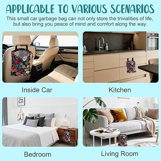 Car Garbage Bag Watercolor Floral and Leaves Drawstring Car Trash Bag Hanging for Back Seat with Adjustable Buckle Canvas Vehicle Trash Can Easy-to-Install