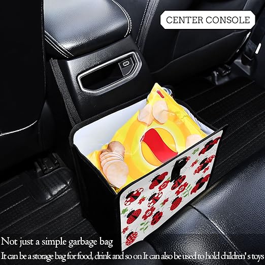 Ladybugs Red Scarab Flower Car Trash Can Foldable Hanging Car Trash Bag Bin Auto Garbage Can Leak-Proof Car Organizer(Large)