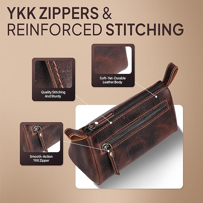 Leather Makeup Bag for Women – Genuine Leather Cosmetic Bag Travel, Handmade Zippered Makeup Pouch, Small Toiletry Bag, Shaving Kit & Stationery Organizer- Brown
