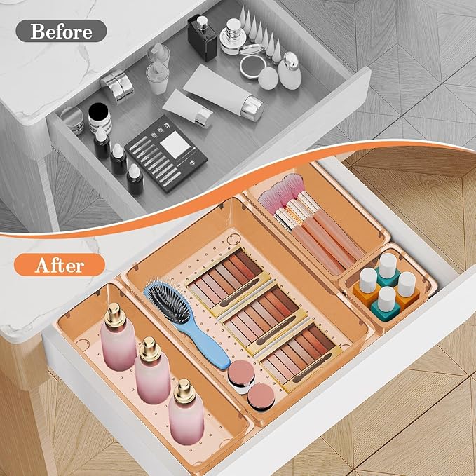 SpaceHacks 25 PCS Plastic Drawer Organizer Set, 4-Size Versatile Organizer Trays & Storage Bins for Makeup, Jewelry, and Gadgets in Bathroom, Bedroom and Office,Orange