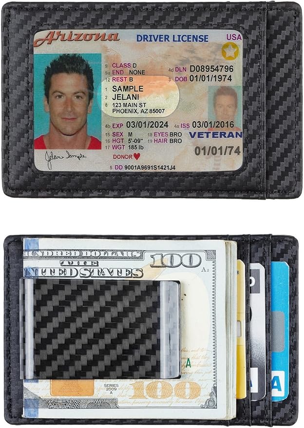 Travelambo Money Clip for Men Carbon Fiber Clip Wallet Leather Slim Minimalist Card Holder RFID Blocking (Weaved Black)